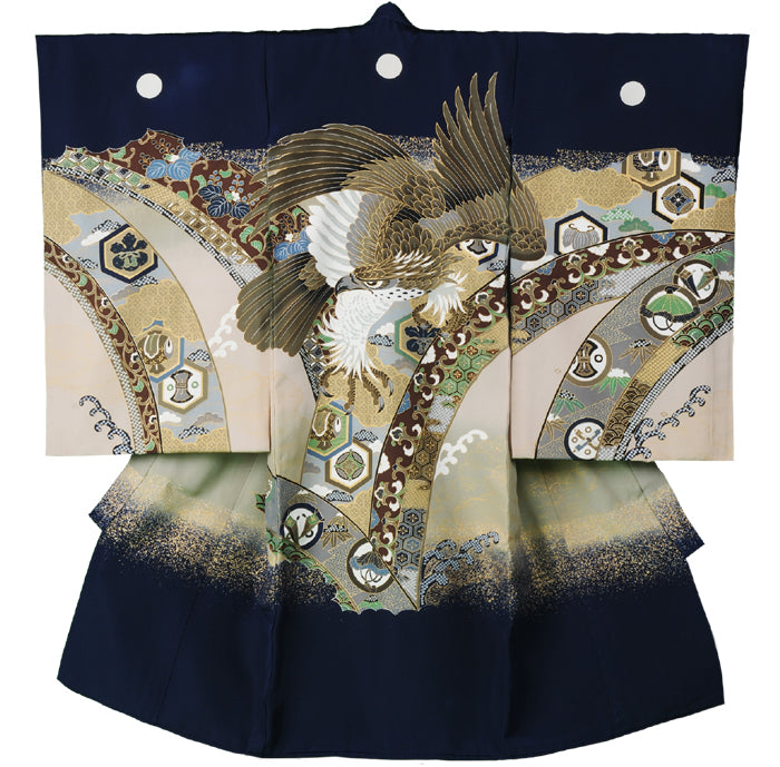 お宮参り 産着 男の子 鋭い眼光の鷹(紺)(家紋対応) 初着 掛け着