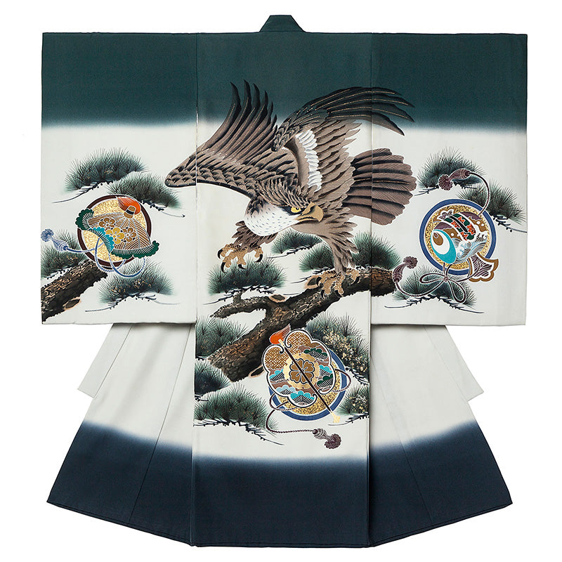 お宮参り 男の子 松に羽を広げた鷹 着物 産着 祝着 – ベビー用品