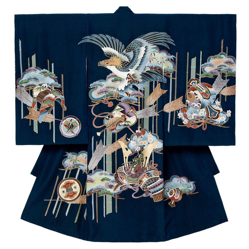 お宮参り 男の子 松と竹に鷹が羽ばたく 着物 産着 祝着 – ベビー用品