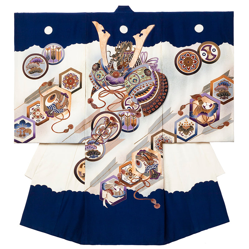 お宮参り 産着 男の子 優雅な兜と亀甲模様が美しい 紺(家紋対応) 初着 掛け着