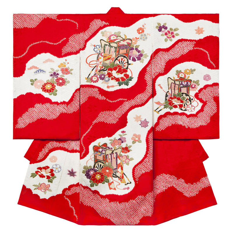 お宮参り 女の子 本絞り 手書きで描かれた御所車 着物 産着 祝着