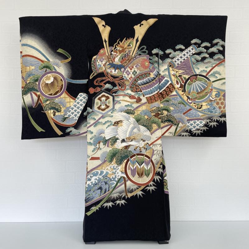 お宮参り 産着 男の子 金の兜に勇ましい鷹 (家紋なし)初着 掛け着