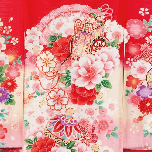 『絽 夏用』花々に彩られた御所車と手毬 女児 お宮参り 産着 祝着