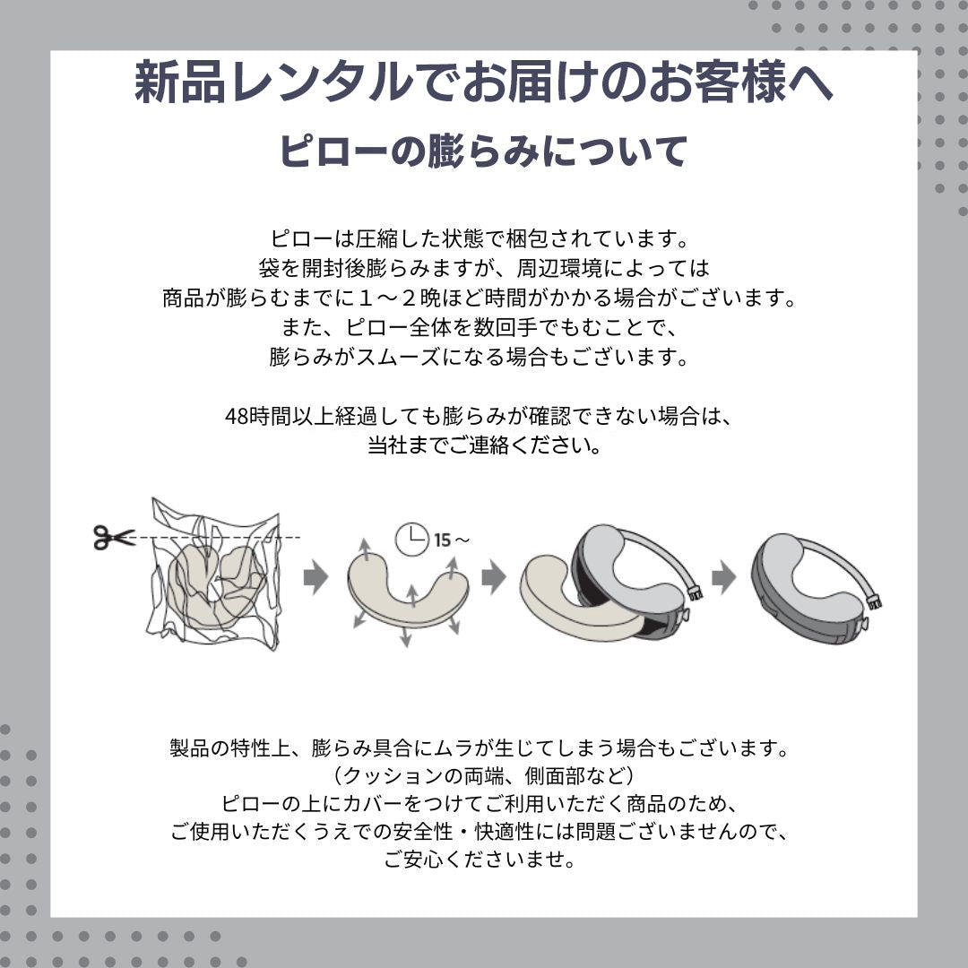 授乳用クッションの圧縮された状態から膨らむまでの過程をイラストで説明する画像。レンタル商品が届いたお客様への注意書きが添えられている。