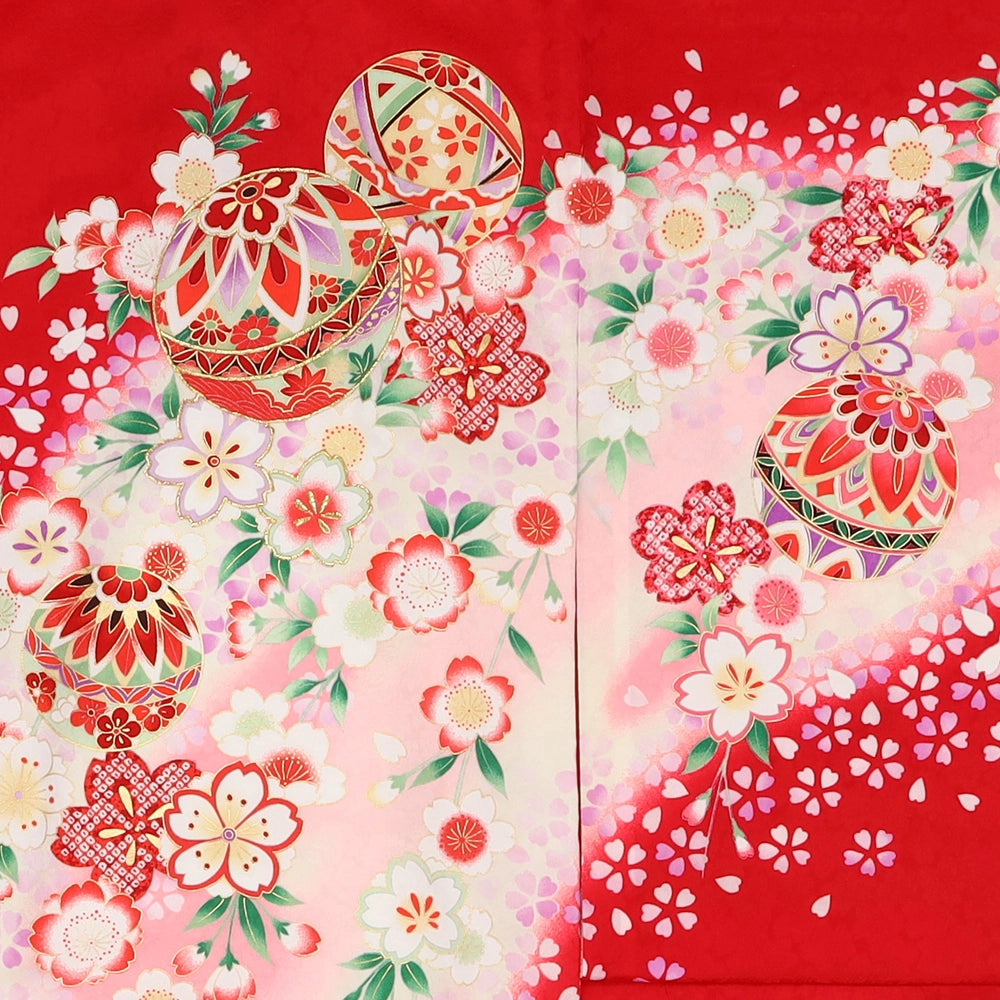 お宮参り着物（女児）赤色 桜織りに花舞う春の装い 柄
