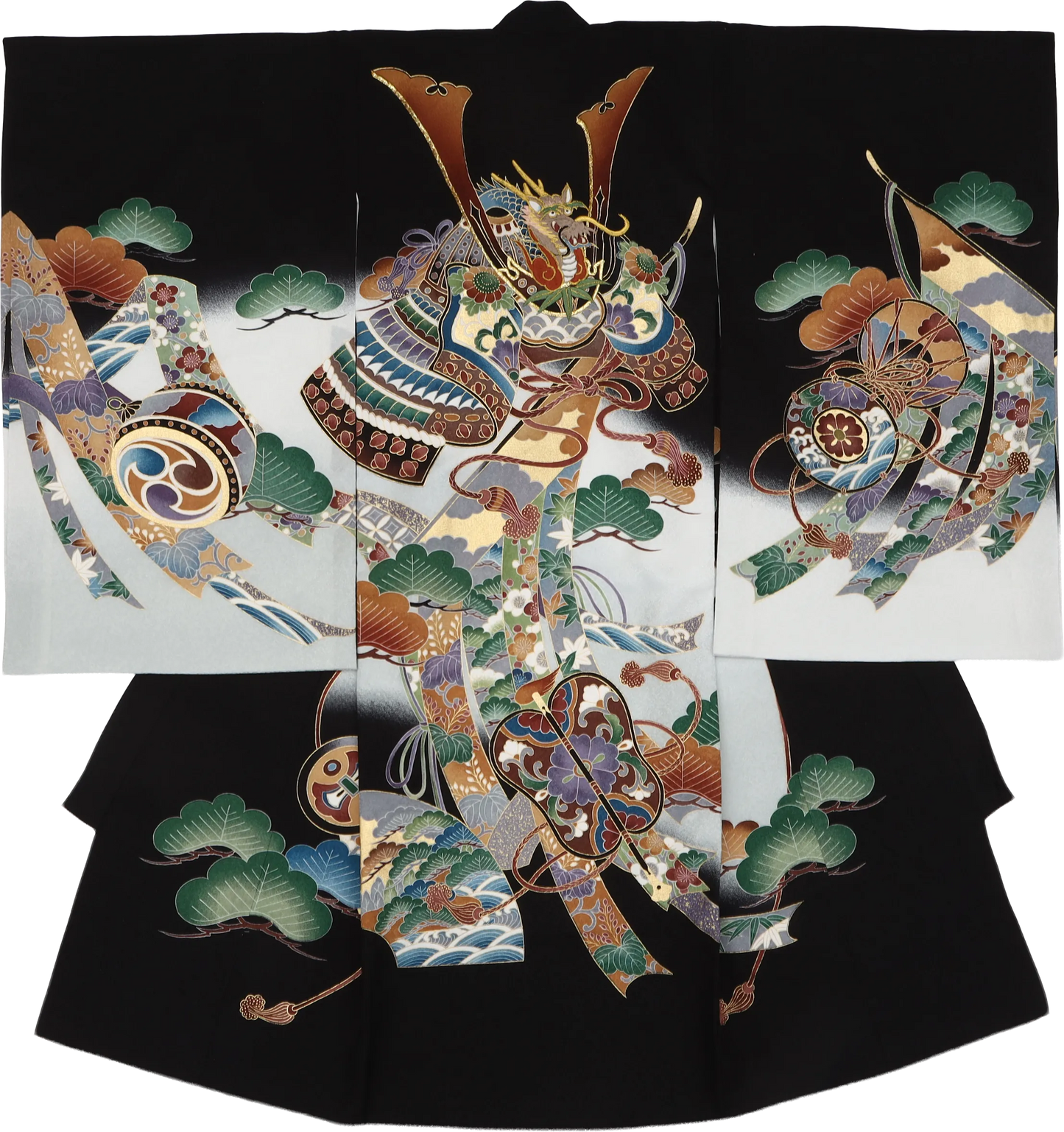 お宮参り着物（男児）黒色 兜と松寿の風に太鼓と几帳 メイン画像