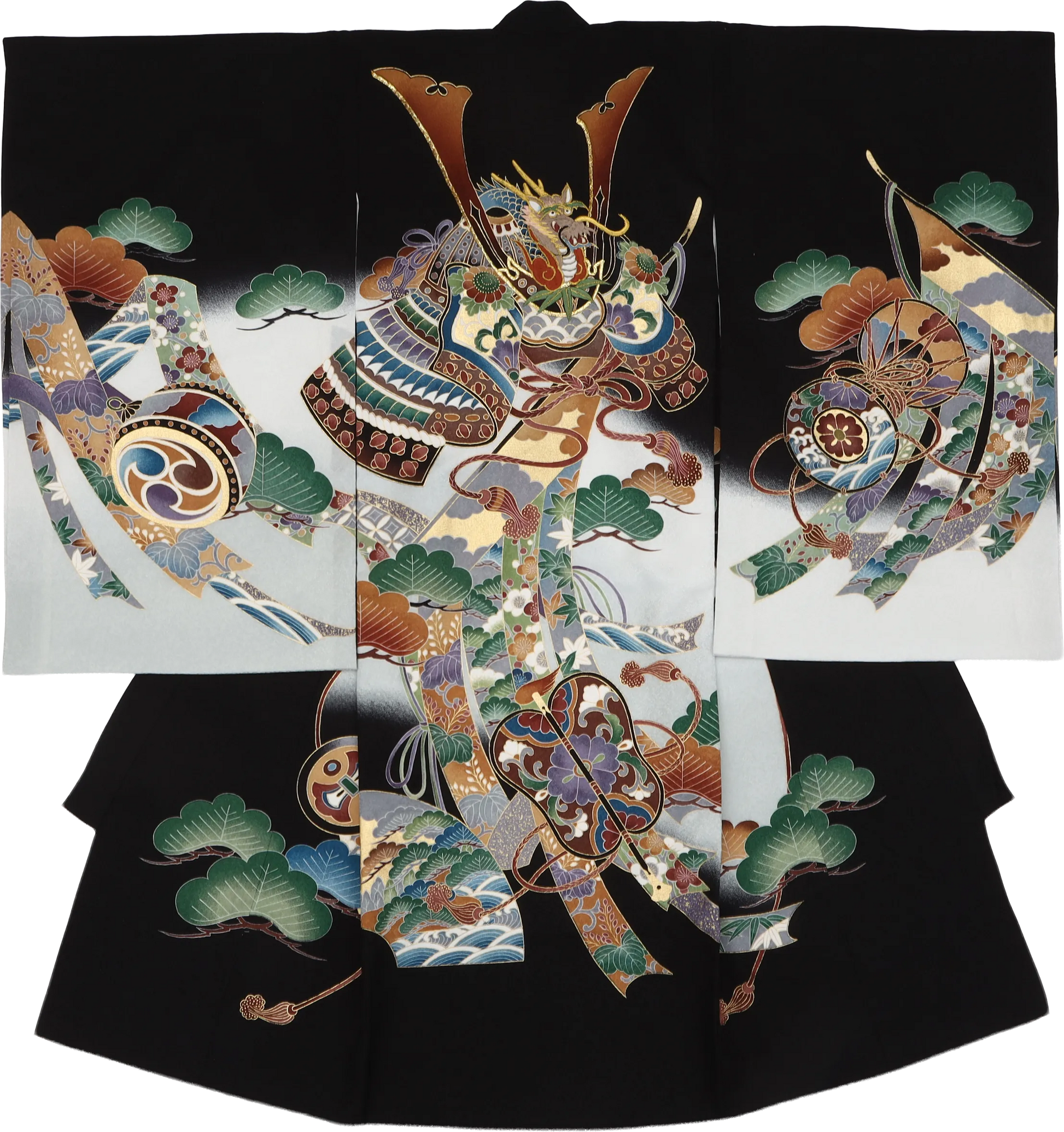 お宮参り着物（男児）黒色 兜と松寿の風に太鼓と几帳 メイン画像