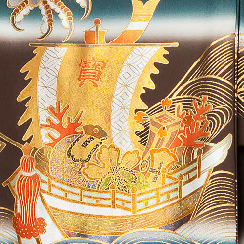 輝く宝船の上を力強く羽ばたく鷹 (家紋なし) 男児 お宮参り 産着 祝着