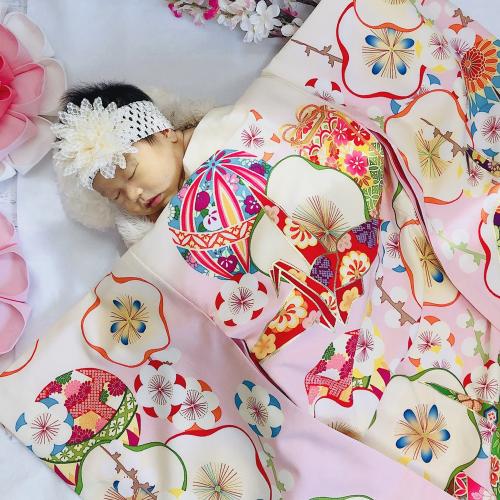 梅に折りづる ピンク(化繊) 女児 お宮参り 産着 祝着
