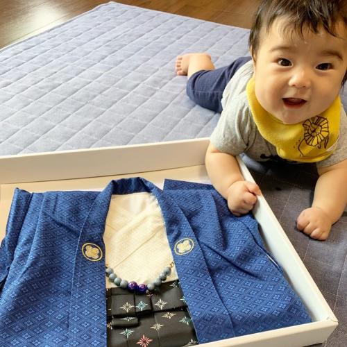 男の子袴風 一体型 (青×黒) 祝着 初節句