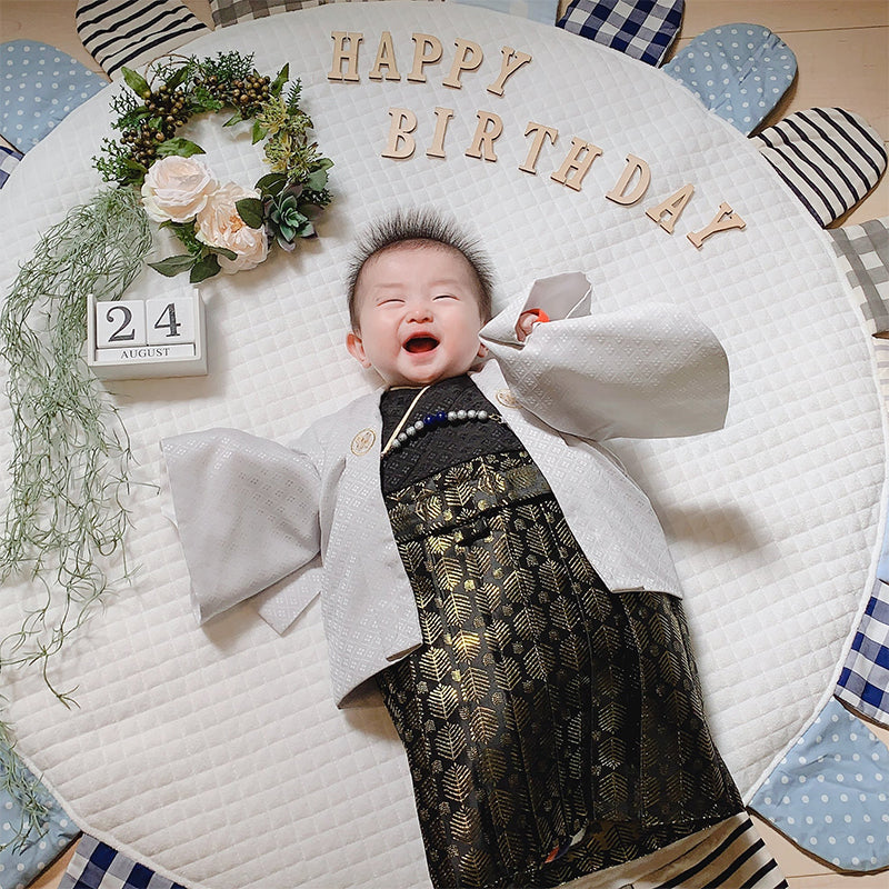 男の子袴風 一体型(シルバー×黒) 祝着 初節句