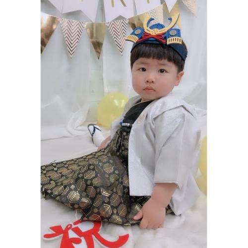 男の子袴風 一体型(シルバー×黒) 祝着 初節句