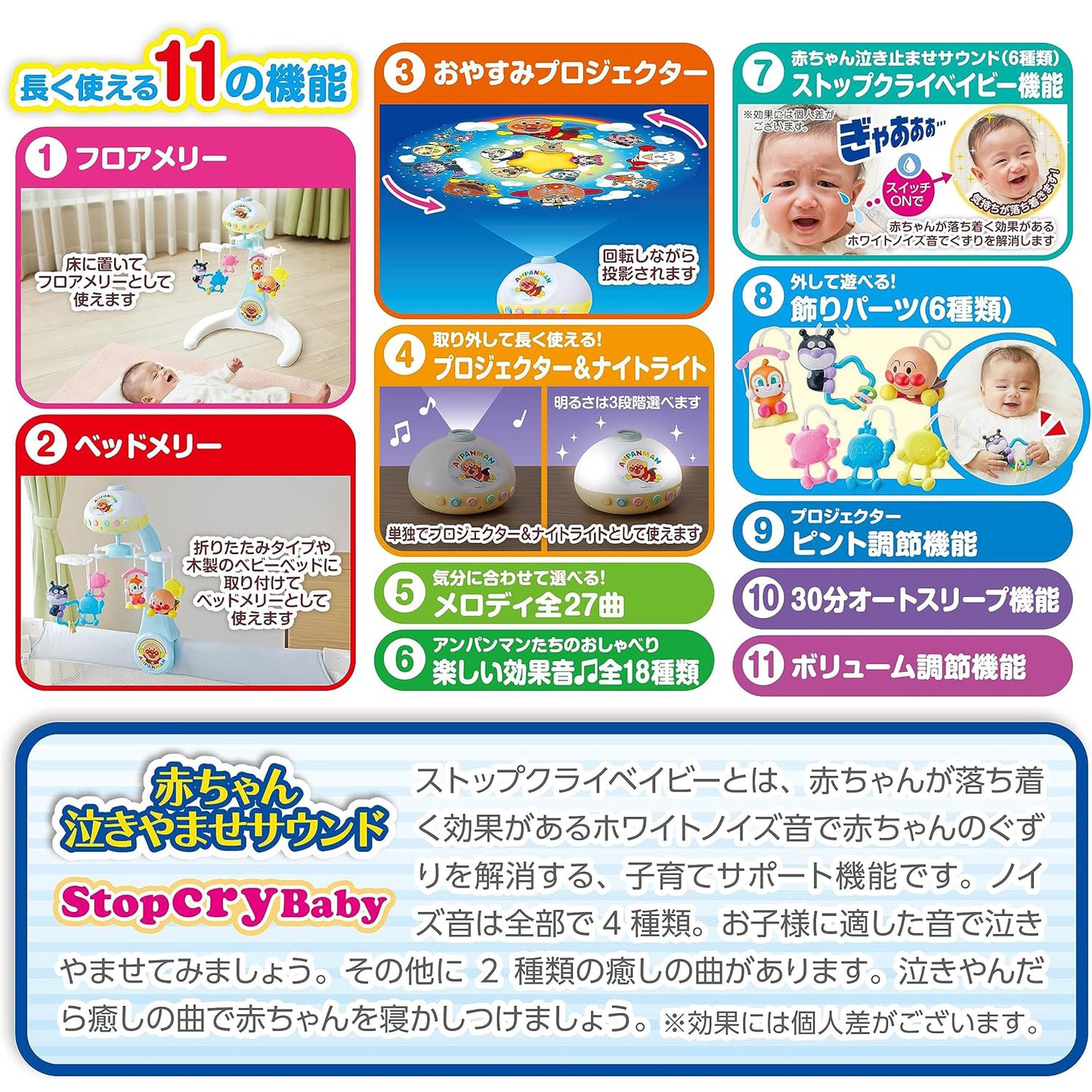 アンパンマン すやすやプロジェクション付きメリー 赤ちゃん泣き止ませサウンド付き　長く使える11の機能