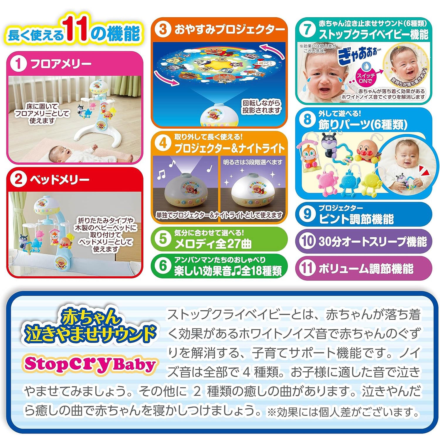 アンパンマン すやすやプロジェクション付きメリー 赤ちゃん泣き止ませサウンド付き　長く使える11の機能