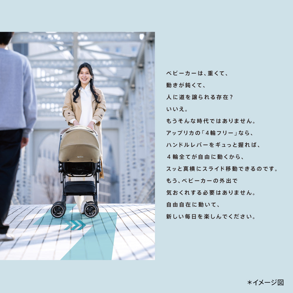 母親がアップリカ ラクーナ クッション フリー AEを操作している別の使用イメージ。青い矢印で横方向への自由な移動を示唆し、『4輪フリー』機能を強調。