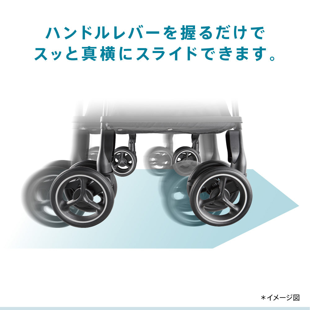 『ハンドルレバーを握るだけでスッと真横にスライドできます』というテキストと共に、ベビーカーの足元が横に移動する残像と青い矢印で4輪フリー機能の動きを説明している。
