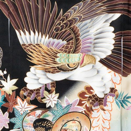 鮮やかな花々にたたずむ鷹 (家紋なし) 男児 お宮参り 産着 祝着