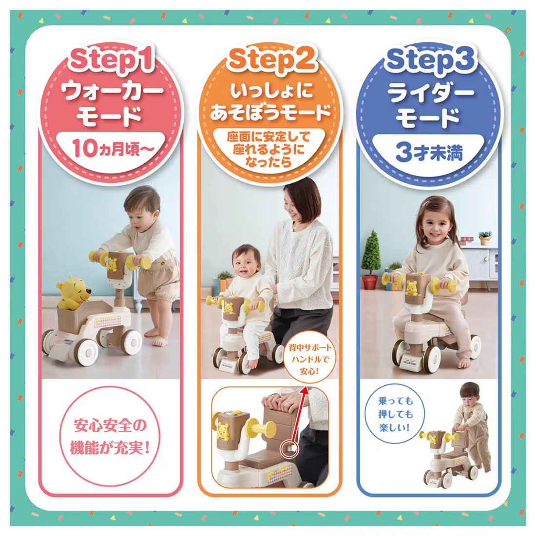 くまのプーさん ウォーカーライダーの3つのステップと特徴をまとめたパネル。10ヵ月頃〜のウォーカーモード、背中サポートハンドルによる安心感、3才未満のライダーモードそれぞれの使用イメージと特徴テキスト。下部には「安心安全の機能が充実！」の文字。