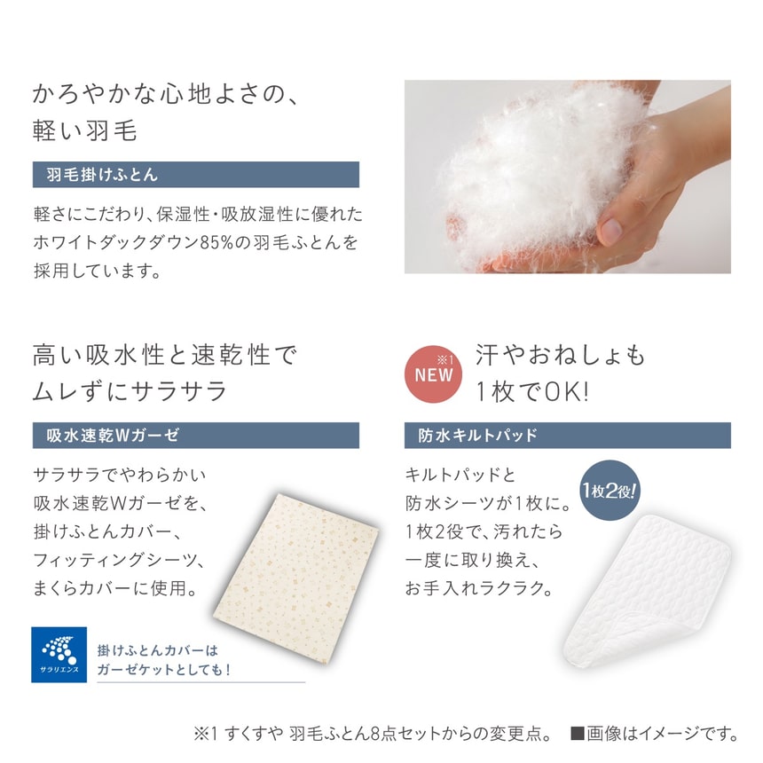 すくすや ベビー羽毛ふとん7点セット レギュラーサイズ　かろやかな心地よさの軽い羽毛