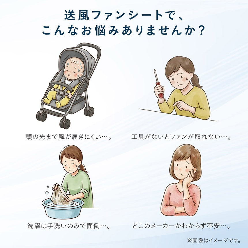 「送風ファンシートで、こんなお悩みありませんか？」という導入画像。頭まで風が届かない、工具が必要、手洗いが面倒といった育児中の悩みをイラストで紹介。