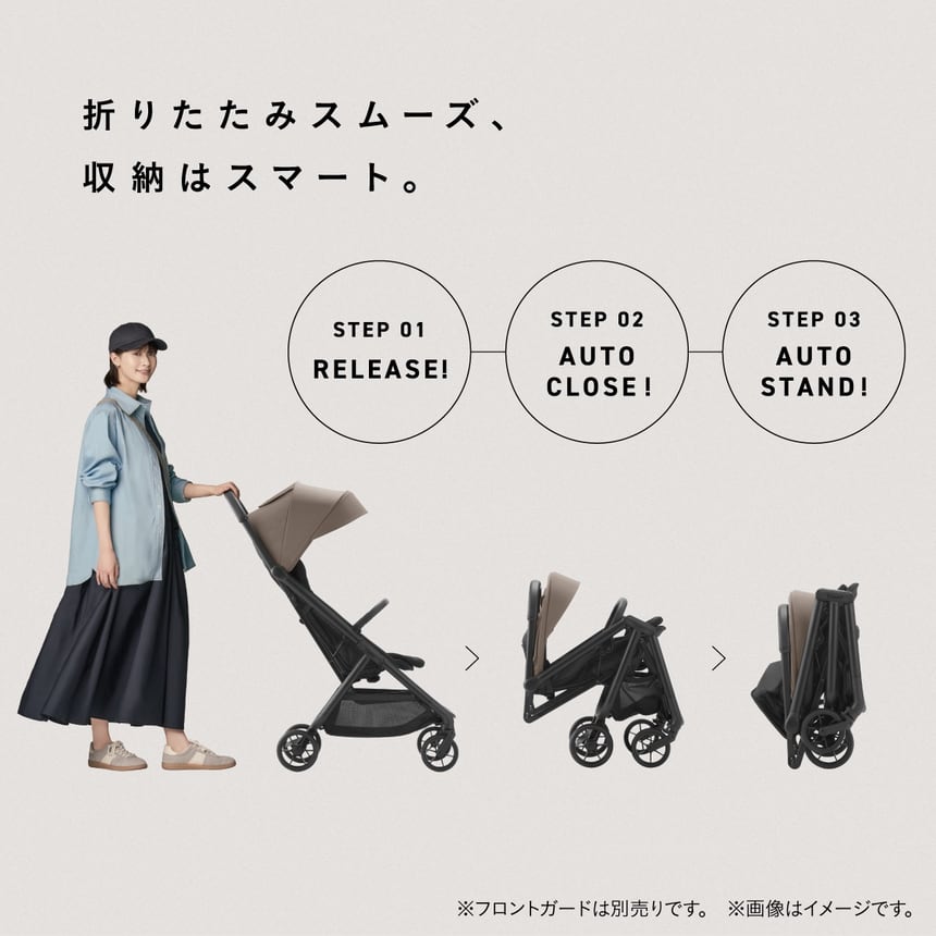 ベビーカーの「オートクローズ」機能を説明する画像。女性がベビーカーを3つのステップ（RELEASE、AUTO CLOSE、AUTO STAND）でスムーズに折りたたんでいる様子。