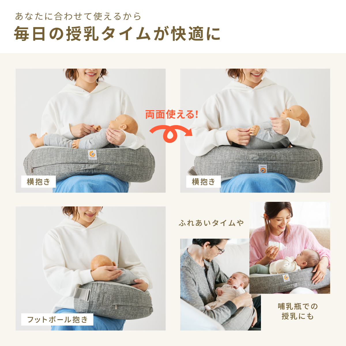 授乳用クッションを使わない場合と使う場合の姿勢を比較した画像。使うことで正しい姿勢を保ち、肩や腰への負担を軽減できることを示している。