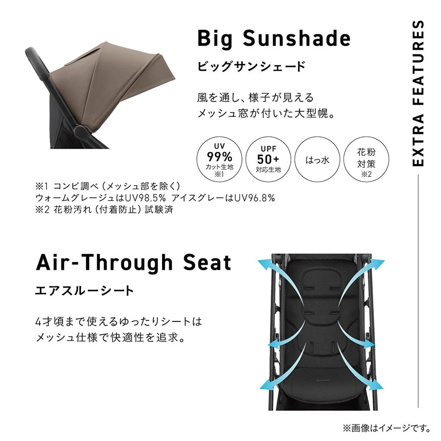 UVカットや撥水機能を持つ大きなメッシュ窓付きのビッグサンシェードと、通気性の良いメッシュ仕様のエアスルーシート