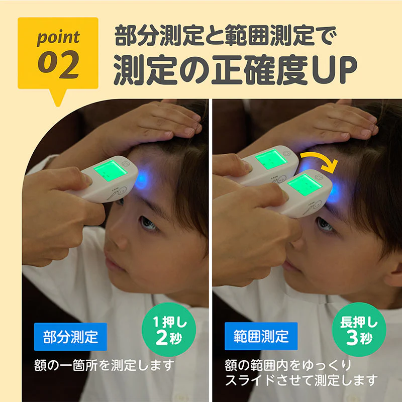 測定精度を高める2つのモード。1回押し2秒の「部分測定」と、長押し3秒の「範囲測定」